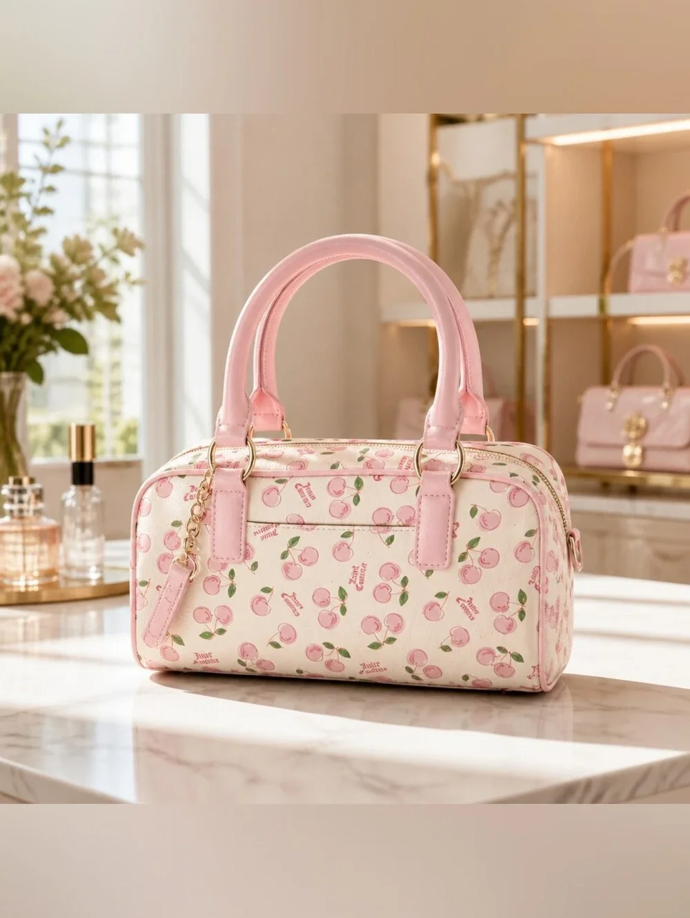 Juicy Couture Pink Cherry Print Dome Satchel Bag